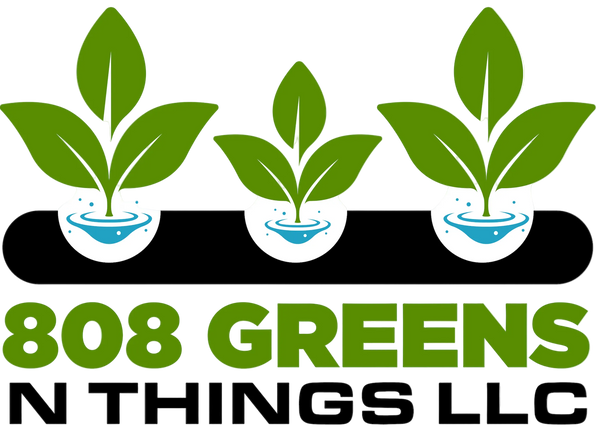 Logo of 808 Greens N Things LLC featuring green leaves and a black strip with text.